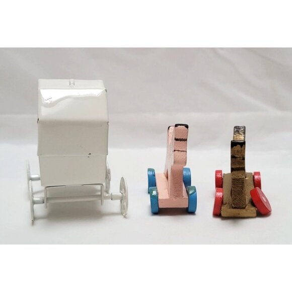 Vintage Lot of 3 Miniature Dollhouse Baby Carriage and Wood Toy Horses - Picture 6 of 8